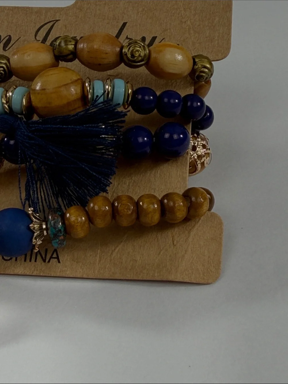 Fashion Jewelry Navy and Brown Beaded Bracelet Stack with Tree Charm